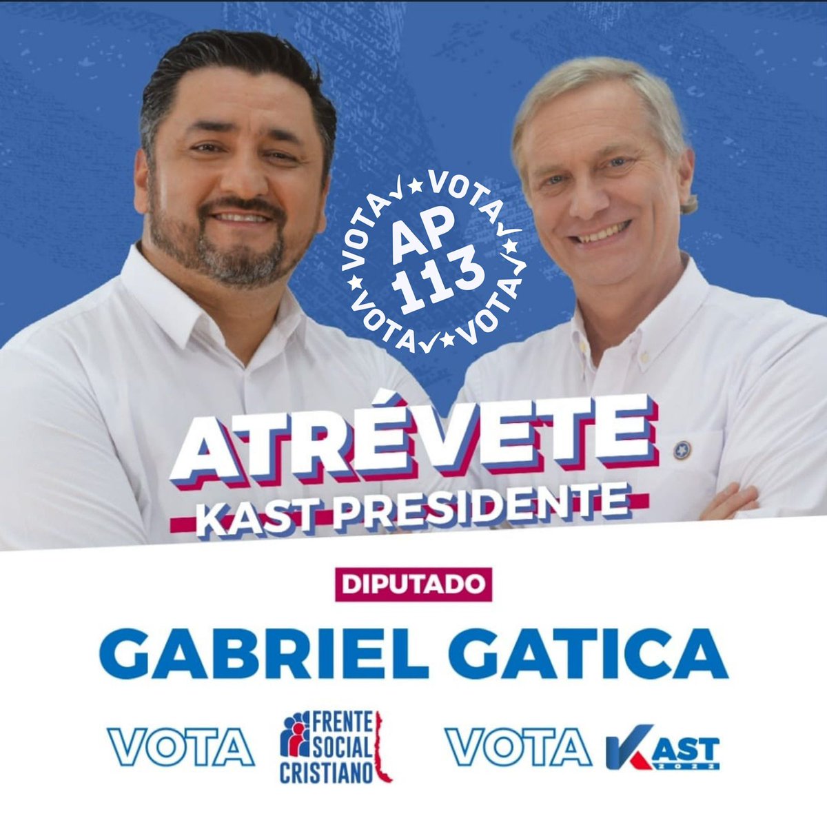 gabrielgatik's tweet photo. Yo me atrevo, tú atrévete también este 21 de Noviembre #gaticadiputado @joseantoniokast presidente @PRChile #ap113 #pirque #laflorida #PuenteAlto #sanjosedemaipo #LaPintana #distrito12 #FrenteSocialCristiano https://t.co/JXhHoOBuSo