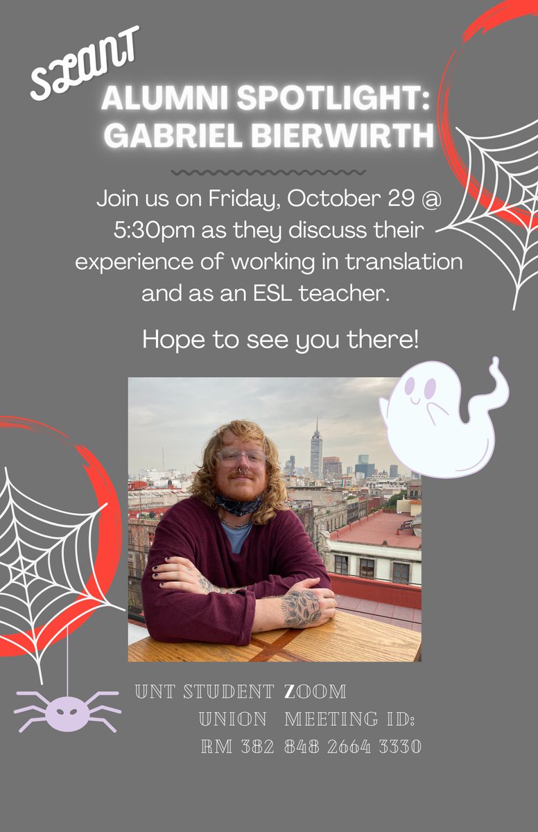 unt_slant's tweet photo. We’re featuring another one of our awesome alumni at our SLANT meeting this Friday! If you’re interested in translation and ESL teaching, come hear what Gabriel Bierwirth has to say! https://t.co/0QbW1TKWNB