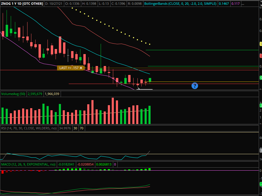 Gr3yR3ality's tweet photo. Looking like a good day is ahead for $ZNOG imo...
higher lows, RSI upturned, MACD upward, good volume, moving toward middle of bollies, and a nice 5%ish yesterday.. https://t.co/0PVgbkAoSS
