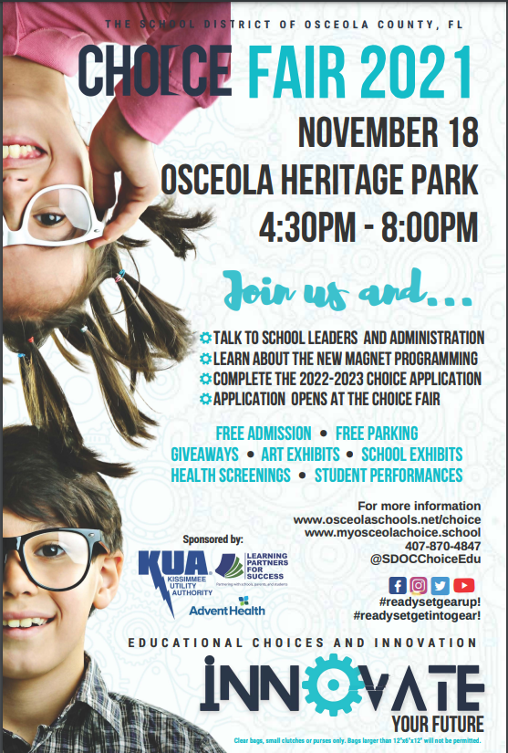 Osceolaschools's tweet photo. With so many wonderful CHOICE options in Osceola County, how do you select the right one?

You can start by taking our 'Find Your Match' quiz: https://t.co/8qgcRI16nA

The quiz will help you decide which school booths to visit at our Choice Fair on November 18 from 4:30 to 8 p.m. https://t.co/VIcXBYSMoj