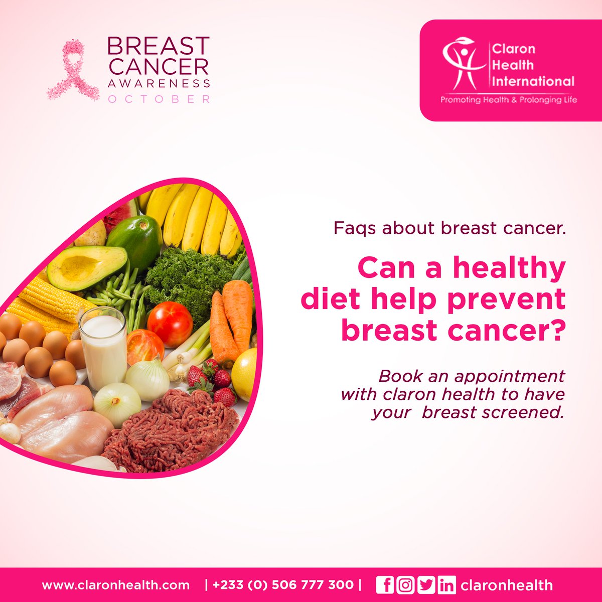 claronhealth's tweet photo. A person's dietary choices can make a difference to their risk of developing breast cancer.
Early detection is the key to surviving #breastcancer.
Come and screen with your friends and family.
#claronhealth
#claroncares
#pinkoctober🎀
#breastcancerawareness
#TouchThem https://t.co/9JdsxC5RZf