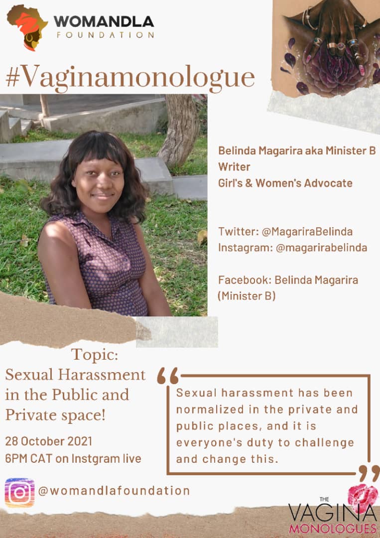 MagariraBelinda's tweet photo. #vaginamonologue
Join today at 6pm CAT Instagram live @womandlaorg
Topic :Sexual Harassment in the Public and Private space
#16daysofactivism
#girlpower
#ministerbzw
#DevelopmentPractioner https://t.co/RGhAeA07cU