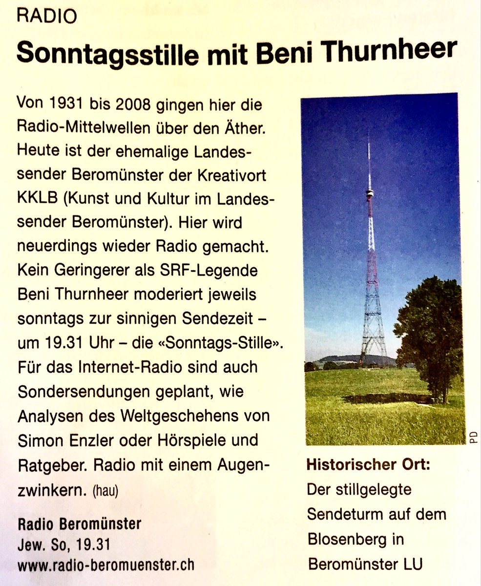 hansjaaggi's tweet photo. DER Kontrast: Beni Thurnheer moderiert "Sonntags-Stille"...
Zu hören auf dem Internet-Radio "Kunst und Kultur im Landessender Beromünster (#KKLB "). Die Moderatoren-Legende Thurnheer übernimmt das Mik jeweils um 19.31 (sic!) Uhr. https://t.co/KLqQodZZ9y #Kulturtipp https://t.co/KIrIDPqHb0