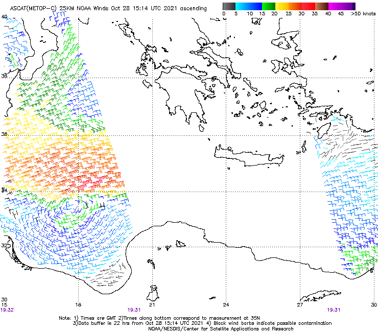 #Medicane #Apollo - L'analyse des vents par satellite (ASCAT) révèle des vents équivalents à une faible tempête tropicale (30 kts) au large de la #Lybie, à l'est de #Malte et sur le flanc nord de la dépression en cette fin d'après-midi. 