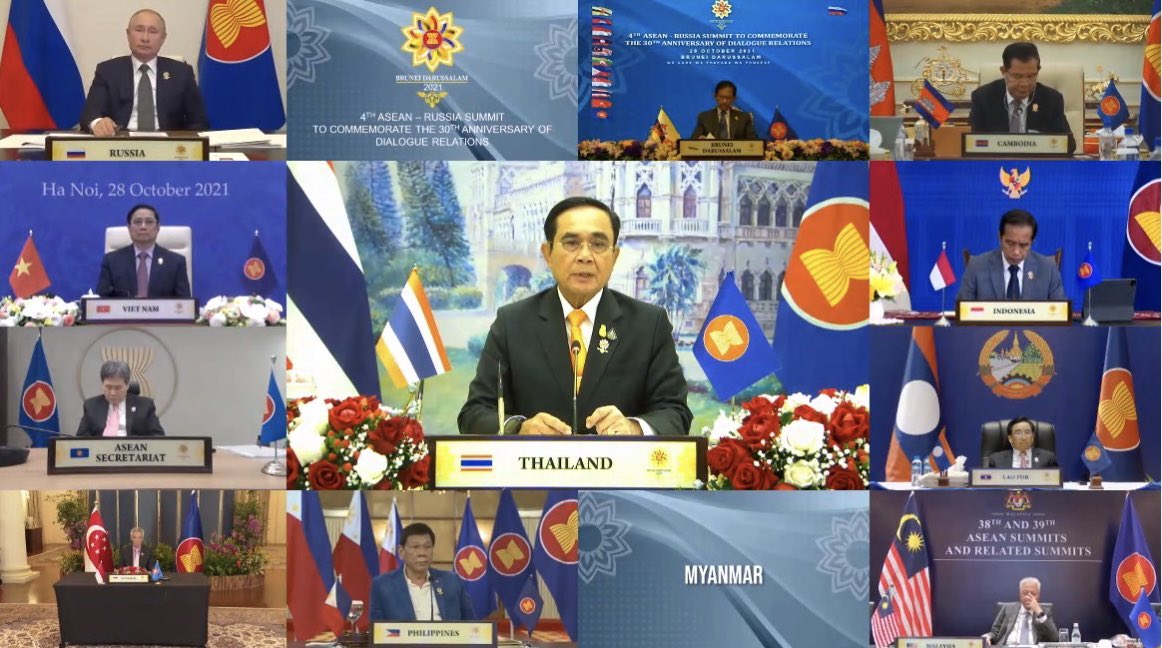 MFAThai's tweet photo. PM supported enhancing #ASEAN- #Russia 🇷🇺 relations, advocated cooperation on science, technology, R &amp;D on vaccines, BCG Model, connectivity and congratulated the 30th Anniversary of ASEAN-Russia Relations at the 4th ASEAN-Russia Summit (28/10) https://t.co/y4tbjuhxxm