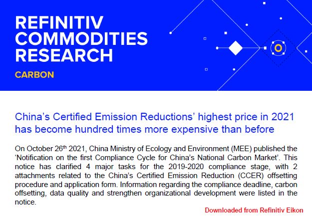YanQinyq's tweet photo. China's domestic offset market (CCER) received a boost as the environment ministry recently clarified further procedure of using CCER for compliance in national ETS. 

Check our analysis in #Eikon for details about CCER price, supply and demand outlook #OCTT https://t.co/KSbhaAu2px