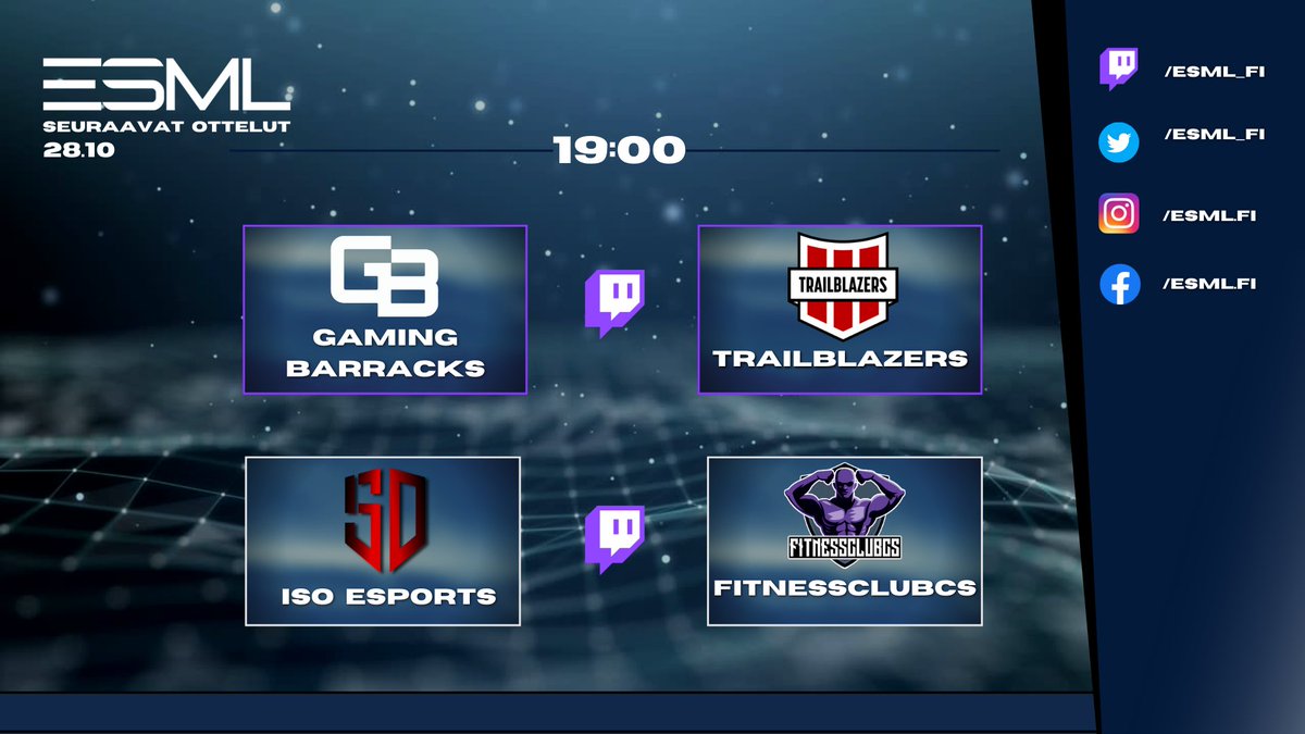 2 ottelua, 2 striimiä. Tuttuun tapaan seiskalta startti 🔥

⏰ 19:00

📺 twitch.tv/esml_fi
<a href="/Gaming_Barracks/">Gaming Barracks</a> VS <a href="/FI_Trailblazers/">Trailblazers esports</a>

📺 twitch.tv/seoiso
@EsportsISO VS #FITNESSCLUBCS

#esml #csgofi #esportsfi