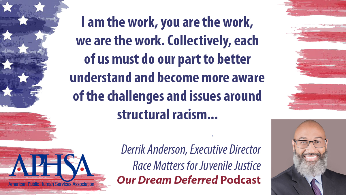 APHSA1's tweet photo. We are talking with brilliant minds from unexpected places in our new podcast series, #OurDreamDeferred - Fulfilling the Nation’s Promise. This week we share our second episode w/ Derrik Anderson @RMJJ_NC. Stay tuned for more fascinating guests! https://t.co/FdPPDMZvTk https://t.co/j8Zf86XSVk