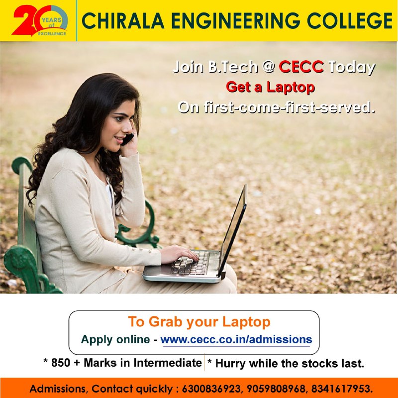 CEC_College's tweet photo. A promising and high-impact career awaits you at Chirala Engineering College.

Come and get your laptop and we help you to build your dreams! Join https://t.co/UW4UqADJZE now at Chirala Engineering College

Admissions are open for the session 2021-22.

#AdmissionsOpen2021 https://t.co/0cjWrXeLBj