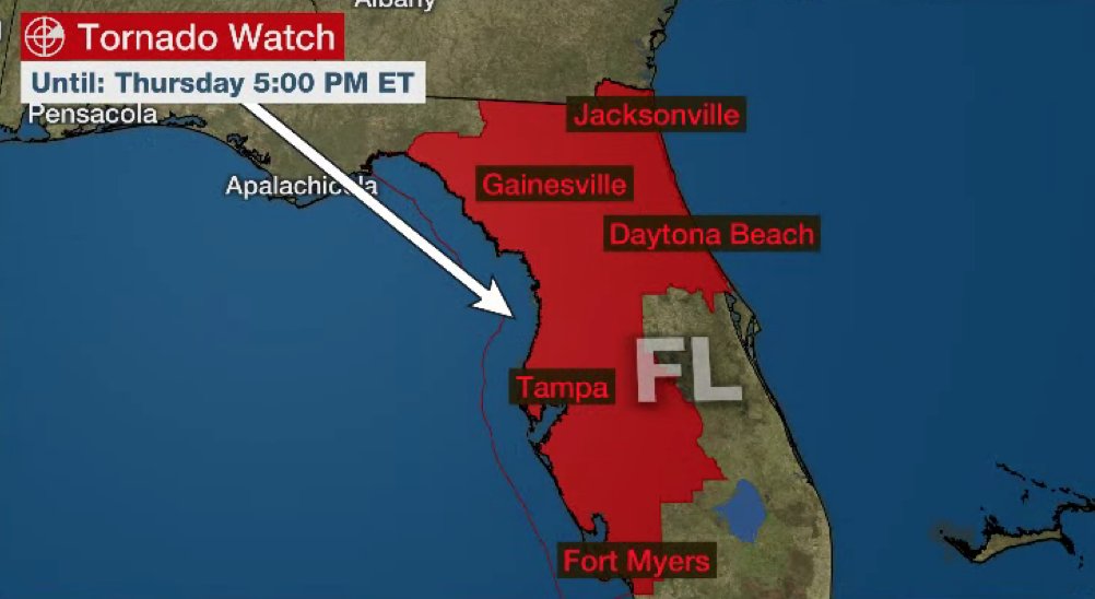 weatherchannel's tweet photo. #Tornado watch is in effect until 5pm EDT for parts of Florida. Wind gusts up to 70 mph and a few tornadoes are possible. https://t.co/QncauNqMk6