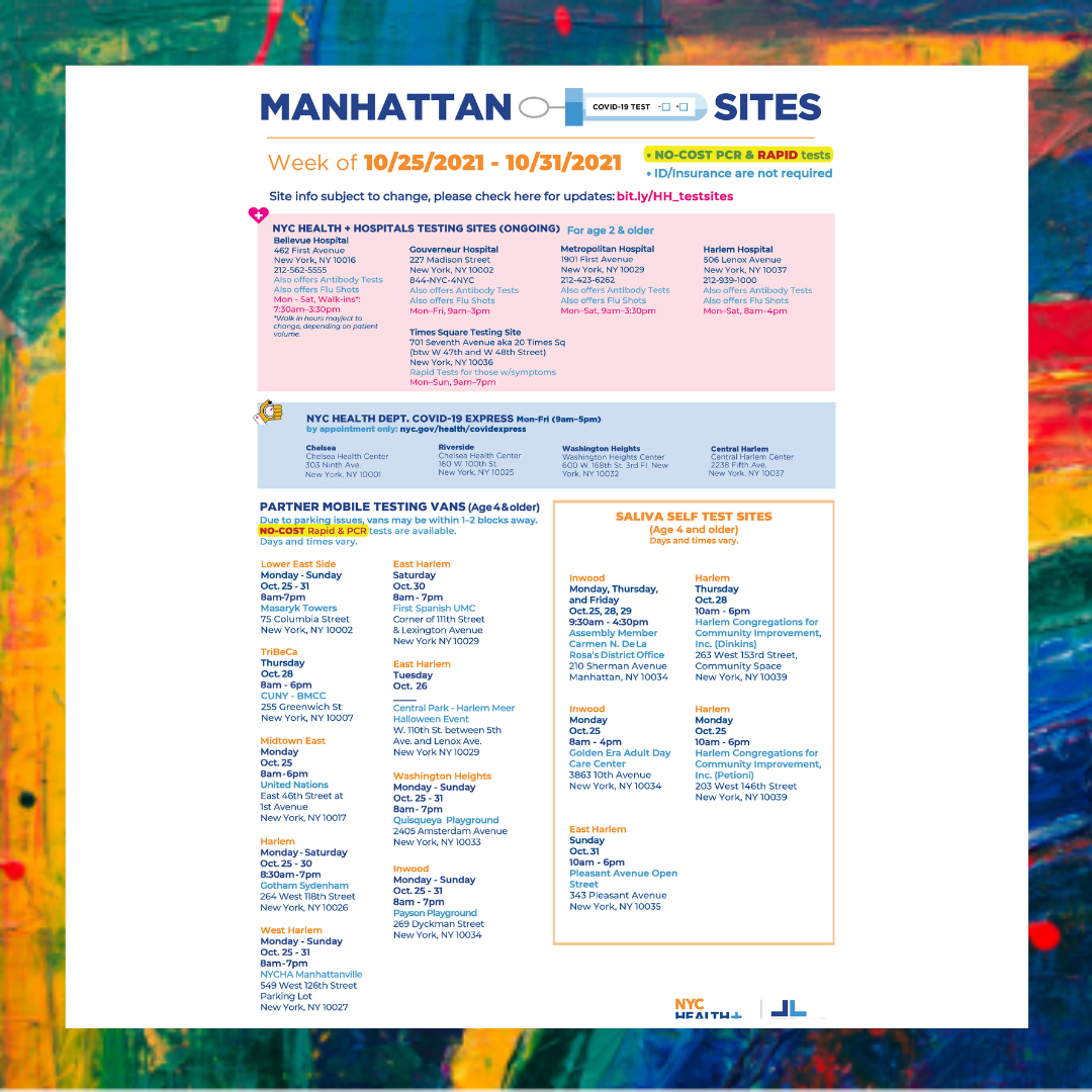 HealthPeopleOrg's tweet photo. Good Morning!🌞 

Check out these testing sites for the week in #Manhattan💉

Click the link in our bio for  information on resources, events and more. 🔗 #TestingSites #NewYorkWellness #NYStrong ✊🏽 https://t.co/EnwdgrAPA3