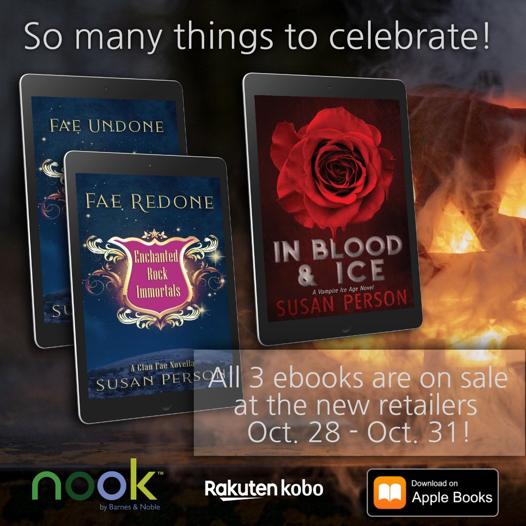 susanwritespnr's tweet photo. To celebrate my books being everywhere, Halloween and in honor of what would have been my Dad's birthday, my ebooks are on sale at the new retailers!
#inbloodandice #faeundone #faeredone #clanfae #susanperson #vampireromance #readromance #romancereads #romancereader https://t.co/4Bhh9oLoNV