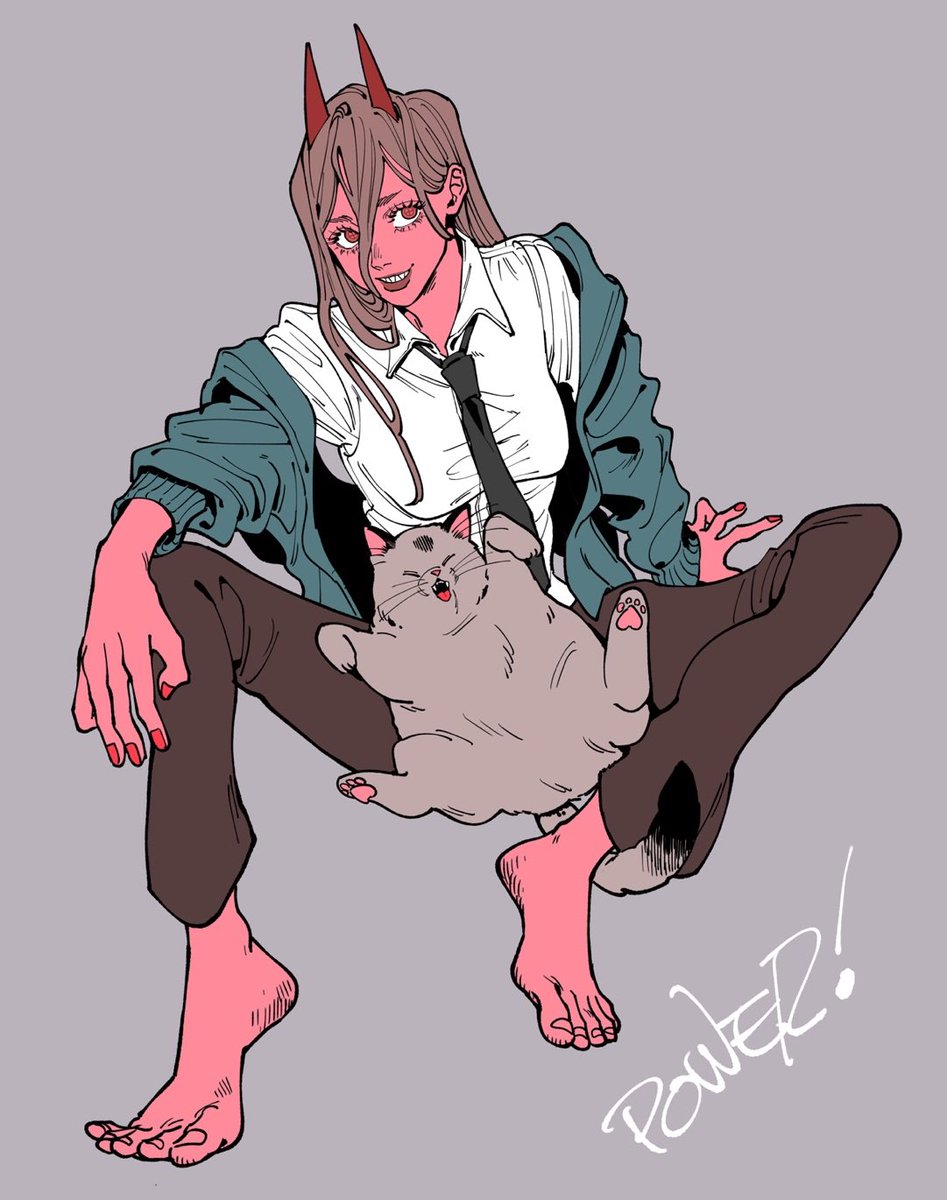 power (chainsaw man) 1girl cat horns necktie barefoot long hair shirt  illustration images