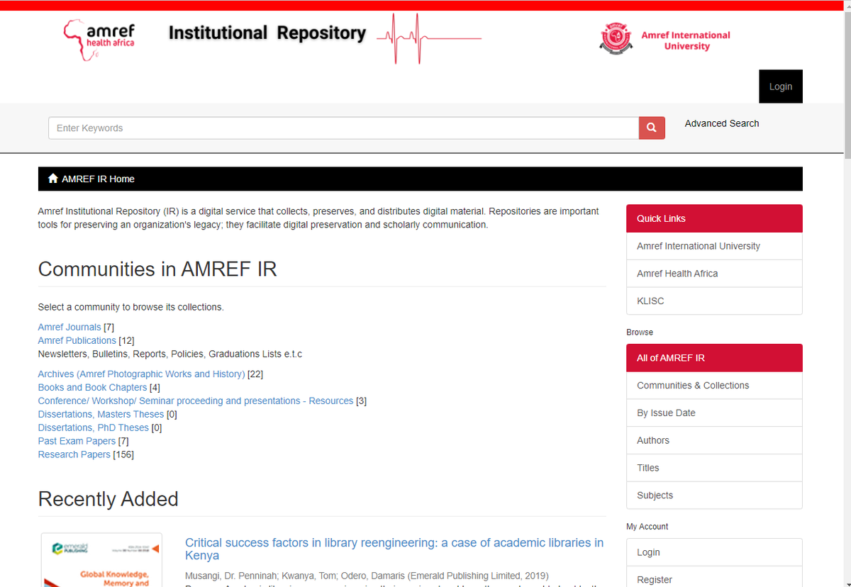 AmrefUniversity's tweet photo. The #AmrefInstitutionalRepository will enable Amref to share its rich wealth of knowledge, initiatives and models of working in communities and #PublicHealth in #Africa - @joachimosur
#AmrefLibrary
#OpenAccess
#KLISC
@marthawhitehead
@irynakuchma
@pmusang
@Jkavulya
@EIFLnet https://t.co/b2COLcnBwa