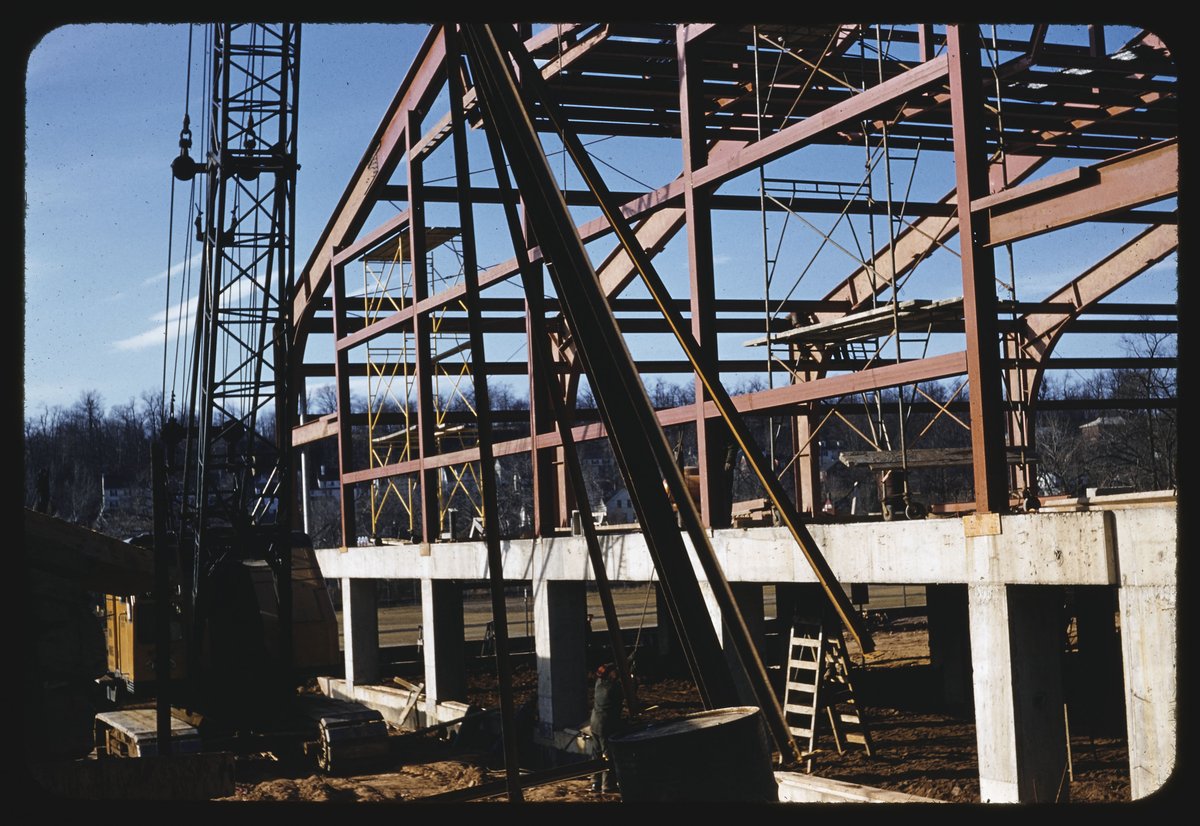 montclair_lib's tweet photo. Panzer under construction, 1955-56. Home to a variety of sports over the years & still going strong. #MontclairStateHistory #tbt @MontclairAlumni #SpragueLibraryArchives https://t.co/kEyAwj3Ey4 https://t.co/XiS3BLbTu8