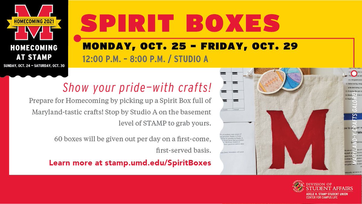 Another day, another round of #UMDHomecoming Spirit Boxes! Visit <a href="/UMDStudioA/">Studio A</a> at 12 to pick up your box of MD-y crafts.

(Spirit Boxes are distributed on a first-come, first-served basis.)

Visit stamp.umd.edu/Homecoming to see all the ways we're celebrating this week!