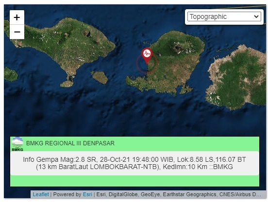 daryono_eq_talk's tweet photo. Gempa Dirasakan di Lombok Barat: Mag:2.8, 28-Oct-21 19:48:00 WIB, Lok:8.58 LS,116.07 BT (13 km BaratLaut LOMBOKBARAT-NTB), Kedlmn:10 Km, dirasakan di Kota Mataram dan Lombok Barat III MMI ::BMKG https://t.co/g9zJthRIUb