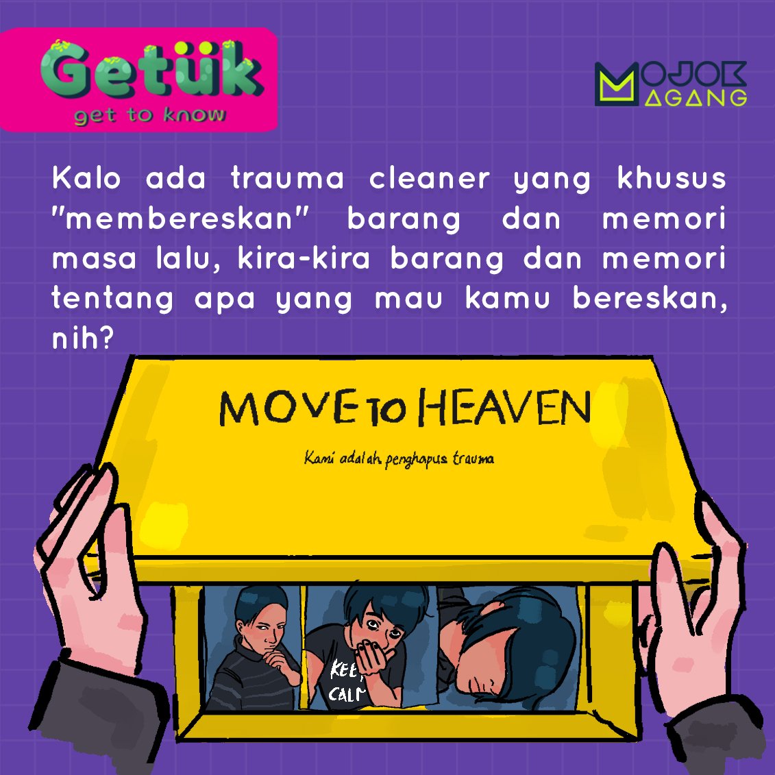 magangdimojok's tweet photo. Kalo ada Trauma Cleaner yang khusus untuk membereskan barang dan memori masa lalu, kalian mau pake jasanya nggak? Atau kalian tim menyimpan dan mengawetkan barang dan memori masa lalu gitu? Reply di bawah kalian tim mana! #Getuk #MagangDiMojok https://t.co/70FNaARLAw