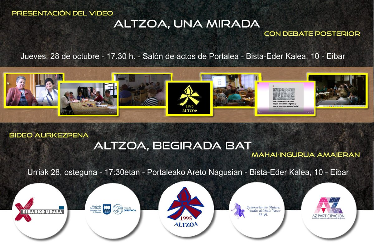 ParticipacionAZ's tweet photo. Altzoak, Eibarko Emakume Alargunen Elkarteak, 'Altzoa, begirada bat' dokumentala aurkeztuko du bihar. Dokumentala pasa den urtean produzitu zuten beraien 25. urteurrena zela eta. https://t.co/FxgXxN9Ilt