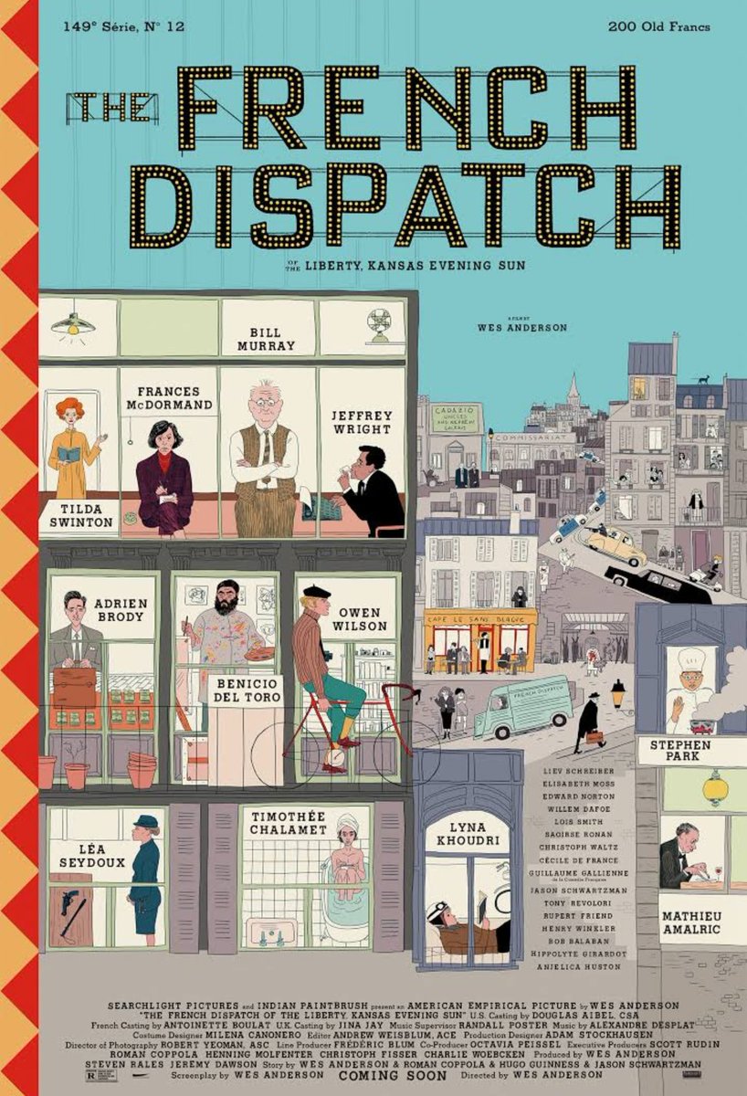 PaulFGolden's tweet photo. The #FrenchDispatch is a gloriously clever indulgent parody on the ideal, the pure and the liberal elite in a witty Franco-American style. With a cast of thousands, all established cinematic friends, it is #recommended. 
The world continues to reclaim normality.
⭐⭐⭐⭐⭐ https://t.co/SHKhBMRkmT