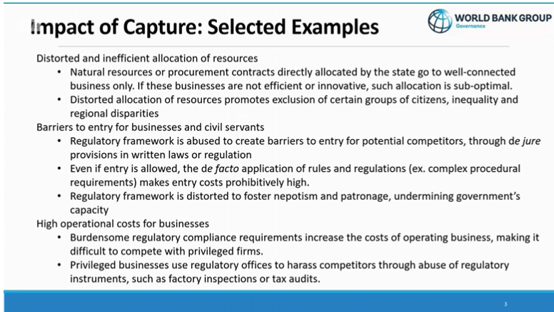 wbg_gov's tweet photo. Assessing laws &amp; regulations to undo state capture
-Francesca Recanatini &amp; David Bernstein @WorldBank

What IS state capture?
=Manipulation over lawmaking, policy making, or rule making processes by PRIVATE interests

What impact can it have? View the photos for more info! #DAAPA https://t.co/mmlb0OJzLE