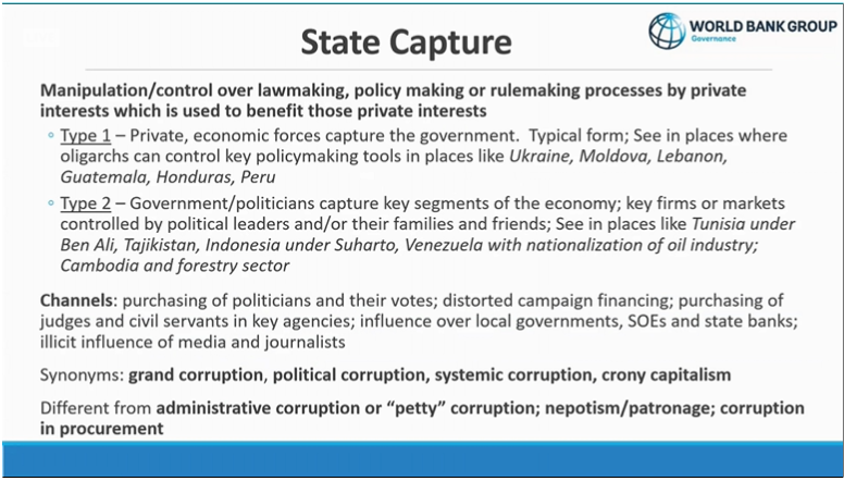 wbg_gov's tweet photo. Assessing laws &amp; regulations to undo state capture
-Francesca Recanatini &amp; David Bernstein @WorldBank

What IS state capture?
=Manipulation over lawmaking, policy making, or rule making processes by PRIVATE interests

What impact can it have? View the photos for more info! #DAAPA https://t.co/mmlb0OJzLE
