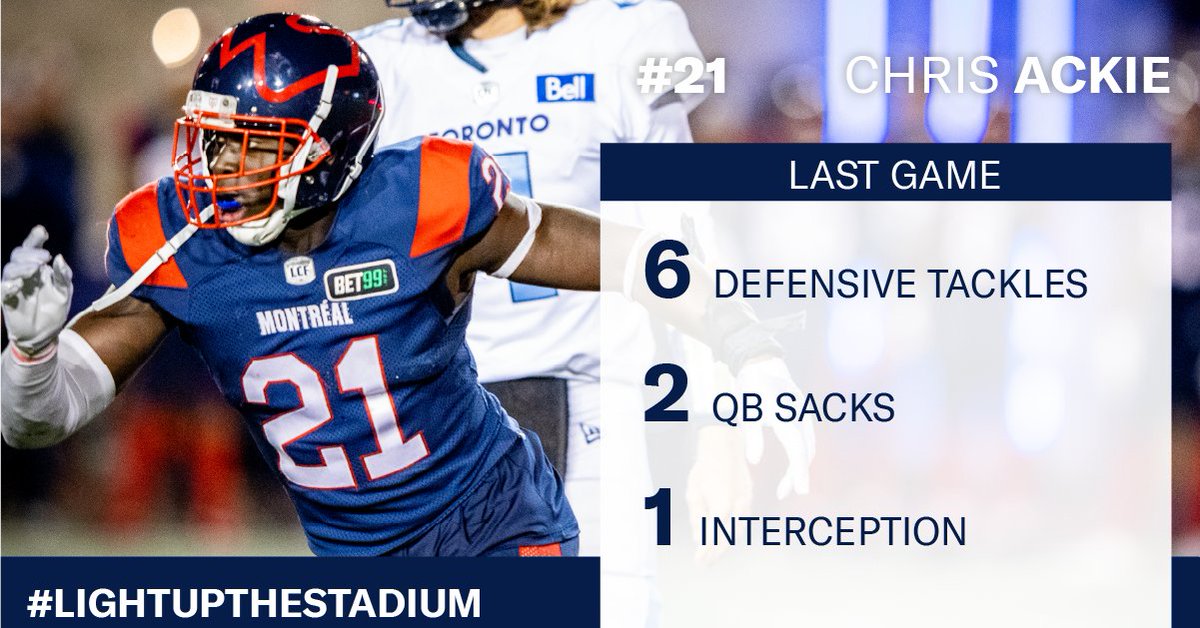 Alouettes de Montréal (@mtlalouettes) on Twitter photo Much like the entire defence, <a href="/chris_ackie/">Chris Ackie</a> is our player to watch for Saturday night!
Come see him in person 🎟️:bit.ly/2UQoHpj
#lightupthestadium #montreals Much like the entire defence, <a href="/chris_ackie/">Chris Ackie</a> is our player to watch for Saturday night!
Come see him in person 🎟️:bit.ly/2UQoHpj
#lightupthestadium #montreals