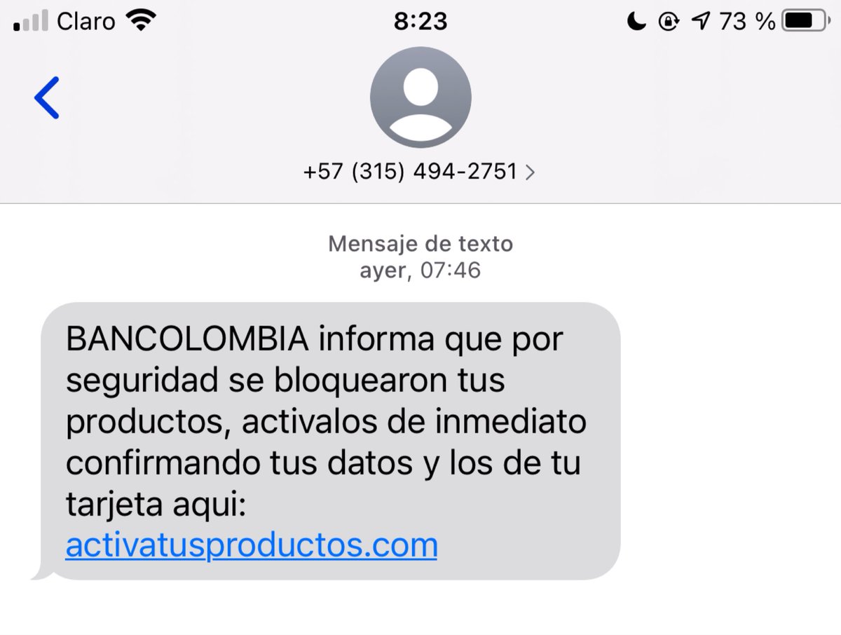 Creería yo que esto debe ser un trabajo interno, NUNCA había recibido este tipo de mensajes, me toco abrir una cuenta en <a href="/Bancolombia/">Bancolombia</a> y ahora, después de abrirla, recibo uno semanal, <a href="/sicsuper/">Superintendencia de Industria y Comercio 🇨🇴</a> <a href="/Bancolombia/">Bancolombia</a> <a href="/PoliciaColombia/">Policía de Colombia</a> <a href="/CaiVirtual/">Centro Cibernético</a>
