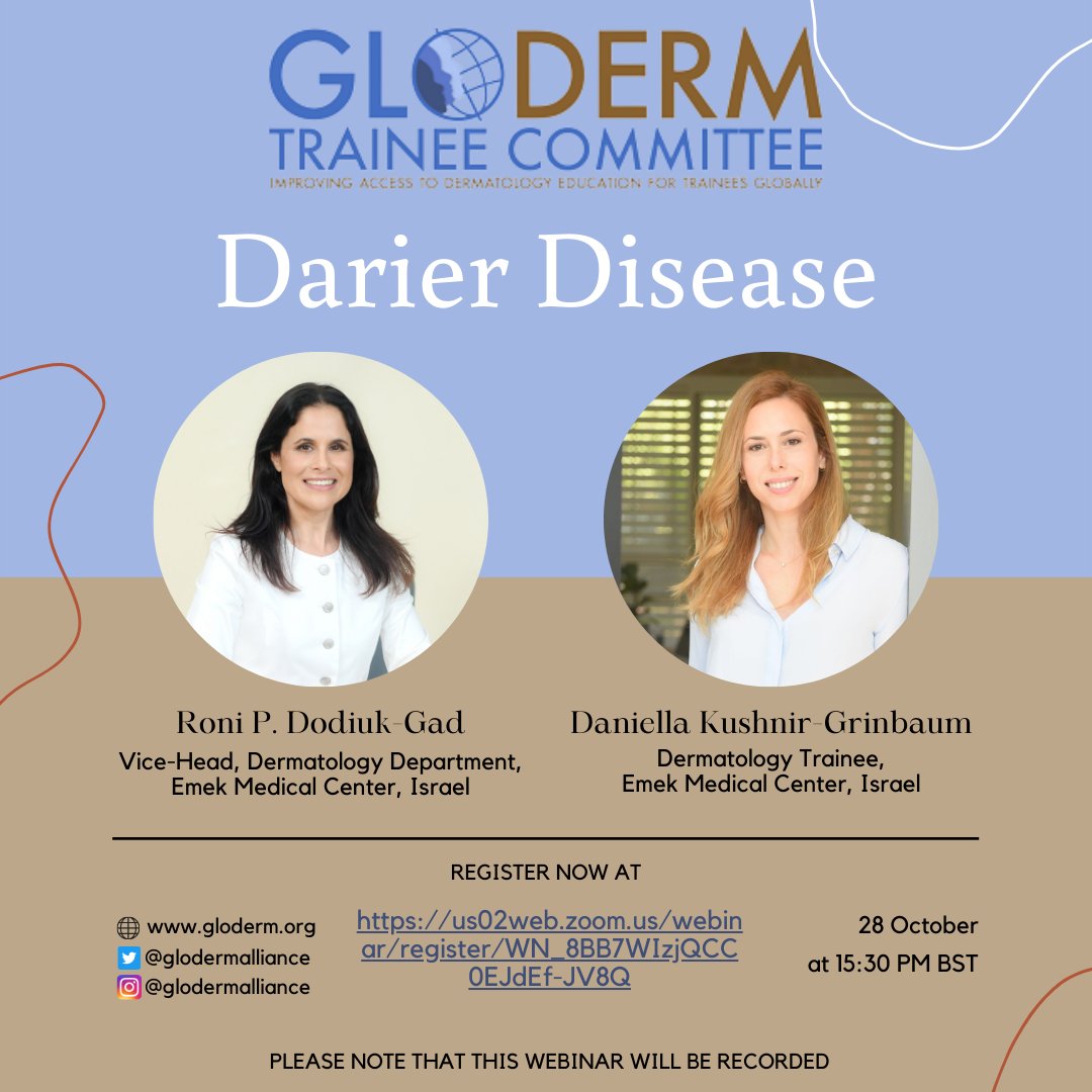We can’t wait to hear from @DrDodiuk and Dr Daniella Kushnir-Grinbaum on Darier Disease. The @glodermalliance #webinar starts in 1 hour! Register here to attend: us02web.zoom.us/webinar/regist… #GLODERM #MedEd #GLODERMwebinar #DarierDisease