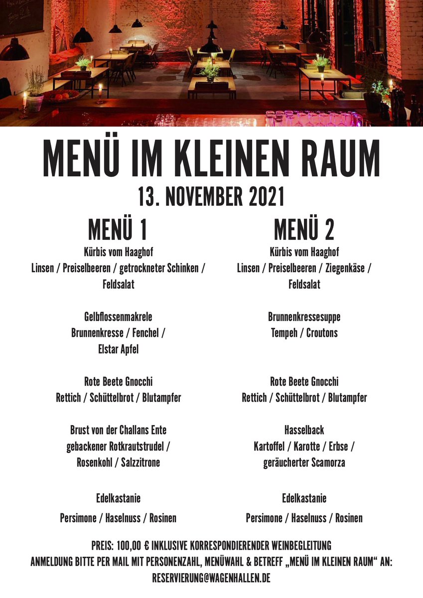 Endlich wieder Menü im Kleinen Raum von und mit der @wagenhallen_kueche 🍽 Anmeldung bitte per Mail mit Personenzahl, Menüwahl &amp; Betreff an reservierung@wagenhallen.de
#wagenhallen #menue #menu #kleinerraum #foodstuttgart #food #foodporn #regional #stuttgart #stuttgartfood #0711