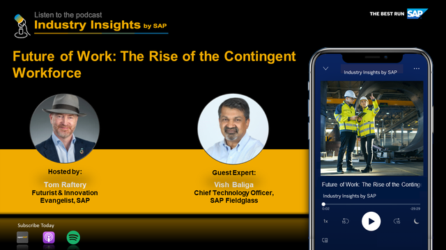 With a #contingentworkforce on the rise, <a href="/vbaligafg/">Vish Baliga</a> explains the benefits of using <a href="/SAPFieldglass/">SAP Fieldglass</a> to create a flexible, agile workforce and effectively respond to evolving customer needs. Listen to #IndustryInsightsbySAP Podcast hosted by <a href="/TomRaftery/">Tom Raftery</a>... bit.ly/3GxxjnJ