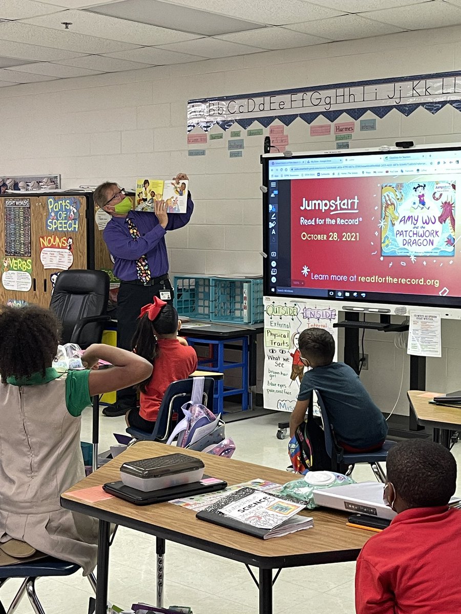 MsHarmes's tweet photo. Today is #ReadfortheRecordDay . We had a special visitor from the @cityofboynton. Mr. John read “Amy Wu and the Patchwork Dragon” to us. He also brought along a little dragon friend. @PoincianaStem @MsCarter_iteach https://t.co/wyb0xIToY4