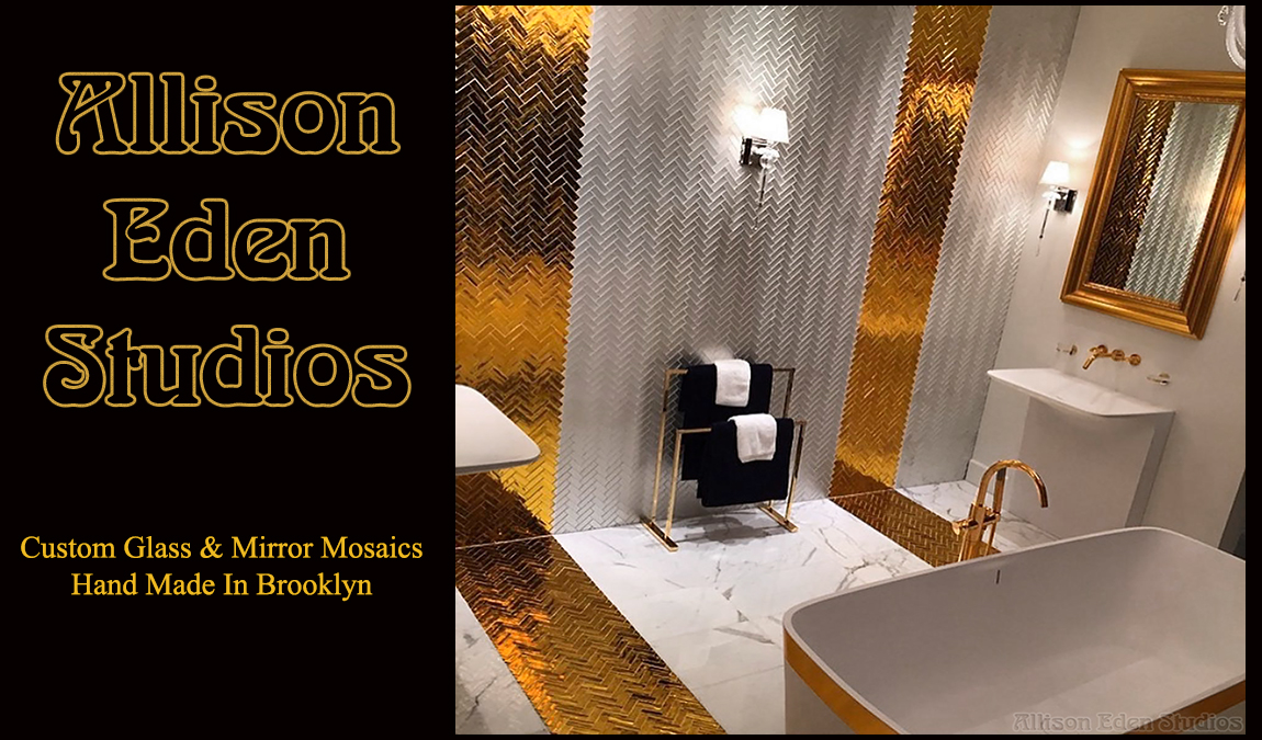 AllisonEdenArt's tweet photo. Incorporating mirror will reflect well on your next design project. #Gold and #etched #mirror give this #luxury #bath a distinctive look. Custom handmade mosaics by Allison Eden Studios in our Brooklyn art studio. #mirrormosaic #mirrortile #goldfinish #bathdesign #MadeInBrooklyn https://t.co/9L0t4PfYGS