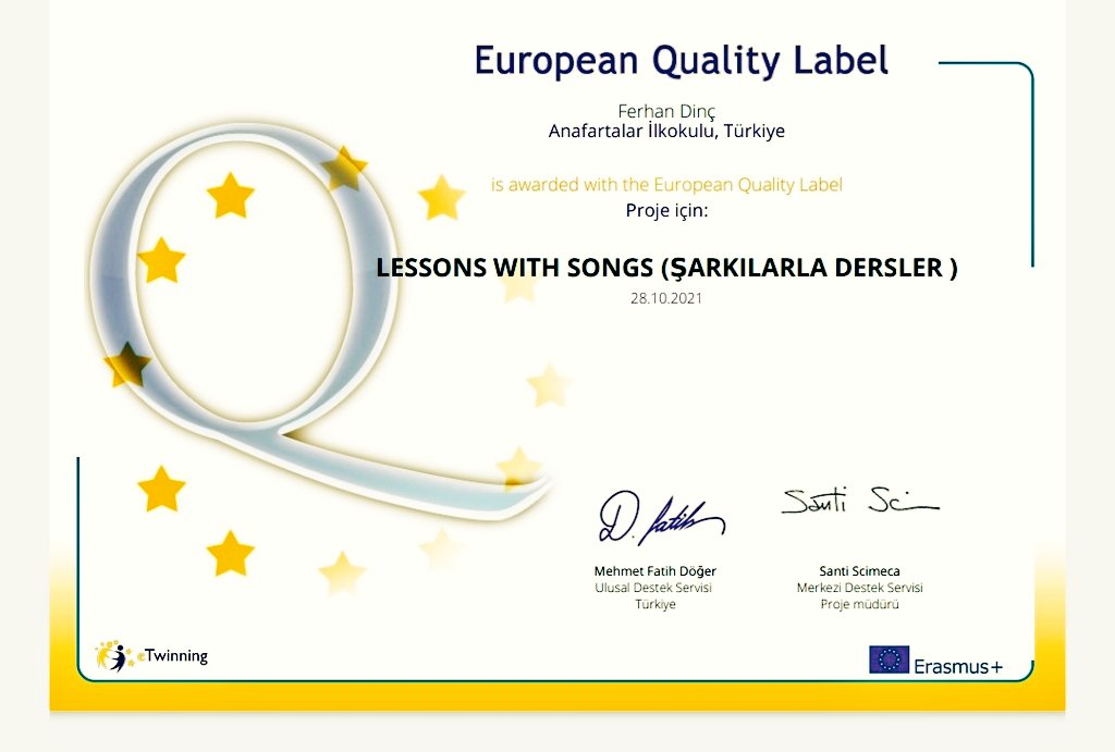 ferhan_83's tweet photo. Sonunda ''Avrupa Kalite Etiketi" ile de taçlanan "Lessons with Songs" projemiz. Kurucum ve proje ortağı arkadaşlarıma çok teşekkür ediyorum. Sizinle aynı projede yer almak harika bir duyguydu.👏👏👏
@samsunmem
@samsunarge
@carsambamem
@MustafaOzdmr55
@anafartalar_55
@gokhanmurat1 https://t.co/SYjxEY3xxb