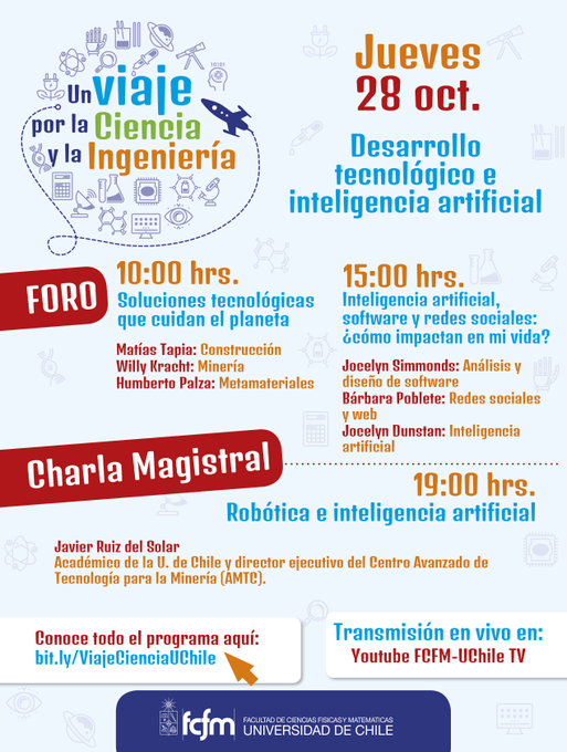 Hoy a las 19:00 nuestro director, Javier Ruiz del Solar, ofrecerá una charla sobre robótica e inteligencia artificial en el Viaje por la Ciencia y la Ingeniería de <a href="/UChile_Beauchef/">U. Chile - Ingeniería y Ciencias</a>. Conéctate a youtube.com/c/FCFMUChileTV