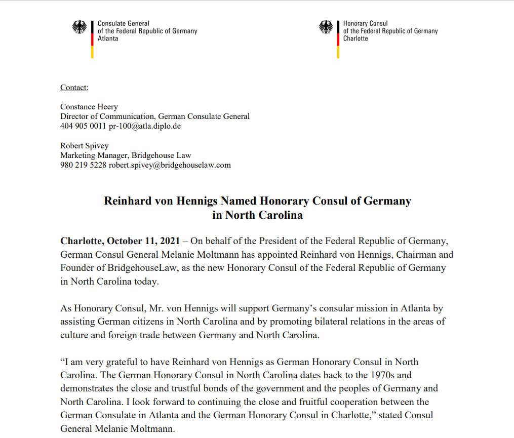 BridgehouseUS's tweet photo. Check out the official press release from when Reinhard von Hennigs was named the Honorary Consul of Germany! Click the link to learn more about his role as Honorary Consul https://t.co/RopgK0O8z4
#germany #honoraryconsul #german #germancitizenship #citizenship #dualcitizenship https://t.co/UOOLSmBoYI