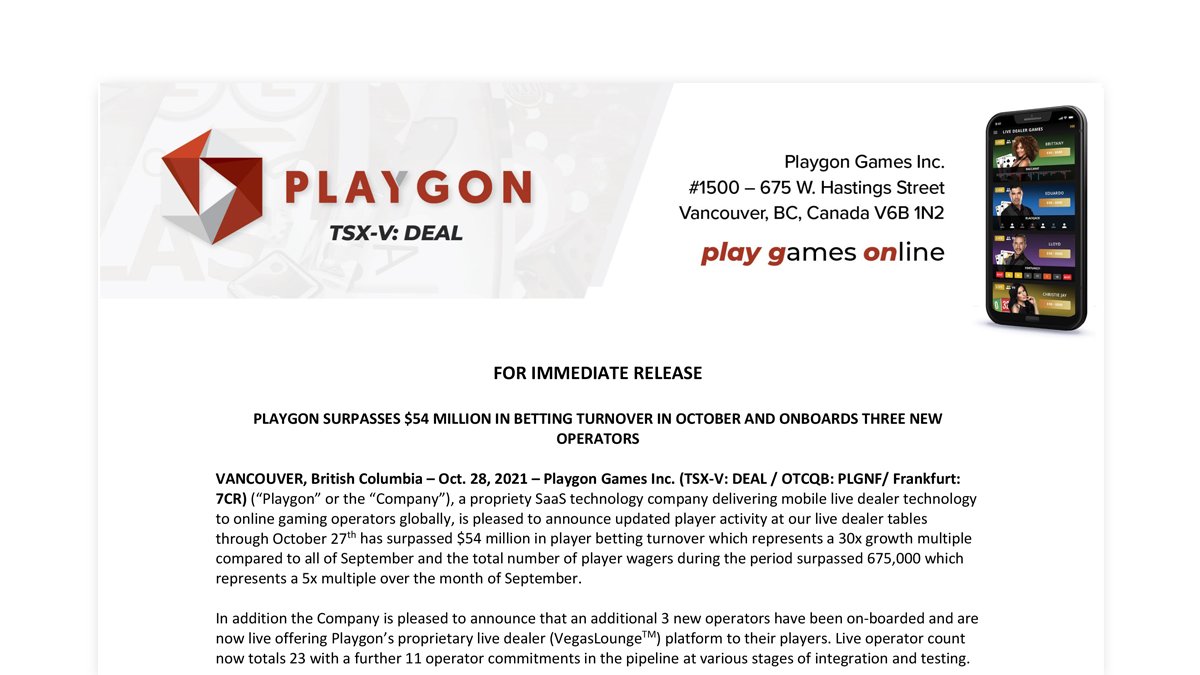 playgongames's tweet photo. RELEASE - Playgon Surpasses $54 Million in Betting Turnover in October And Onboards Three New Operators

https://t.co/Z1BLoOA0Po https://t.co/gDAxQrqa24