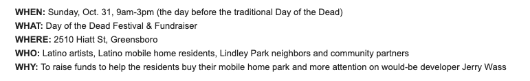 SiembraNC's tweet photo. SUNDAY: Greensboro Latino mobile home residents will raise funds to avoid eviction with "Day of the Dead" festival! 

Jamison Mobile Home residents &amp; supporters will hold block party at 2510 Hiatt St to raise funds to purchase mobile home park, rather than face eviction in Jan. https://t.co/y6iMoKiaWC