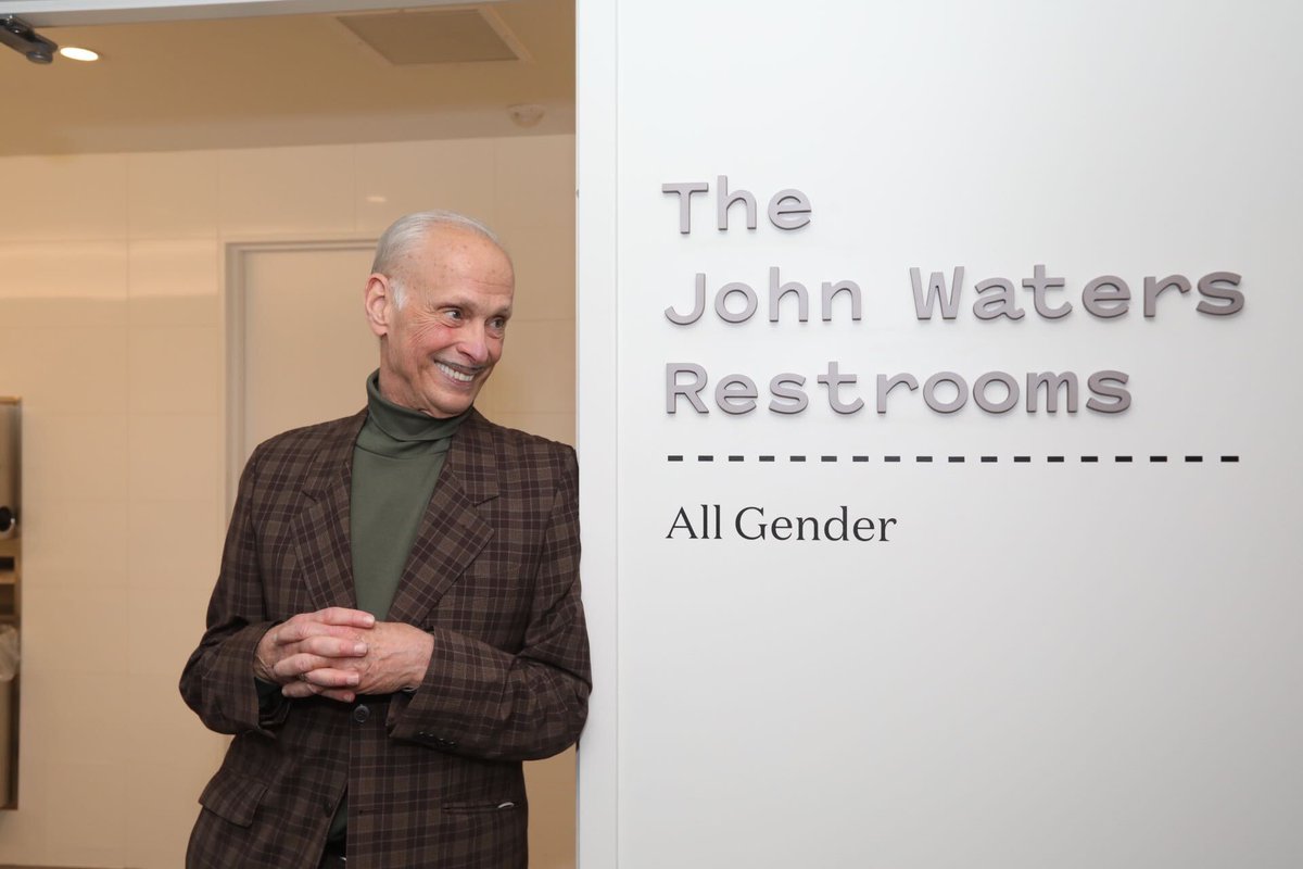artbma's tweet photo. Welcome to the new John Waters Restrooms. 🚽 Last night, we dedicated our new gender-neutral restrooms for artist, Baltimore icon, and #ArtBMA Trustee, #JohnWaters. https://t.co/xfrZ6EW3U5