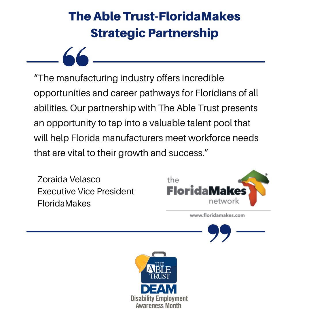 Abletrust's tweet photo. We are excited about our partnership w @FloridaMakes! As we celebrate #DEAM and #MFGMonth, this is a great opportunity to raise awareness about disability employment & help strengthen the manufacturing industry’s workforce. VIsit: https://t.co/V9rcP67OFb #FLMakeMore https://t.co/xA6B9DN1RS