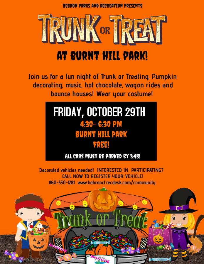 HebronCTRec's tweet image. Join us for a fun night of trunk or treating tomorrow!  Friday, October 29th, 4:30-6:30p.m. at Burnt Hill Park! Hebron Parks and Recreation is also looking for decorated cars to volunteer!  Interested in participating?  Call our office at 860-530-1281!
