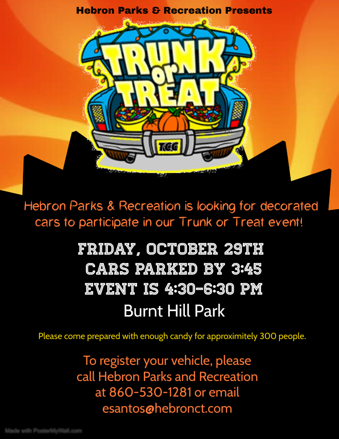 HebronCTRec's tweet image. Join us for a fun night of trunk or treating tomorrow!  Friday, October 29th, 4:30-6:30p.m. at Burnt Hill Park! Hebron Parks and Recreation is also looking for decorated cars to volunteer!  Interested in participating?  Call our office at 860-530-1281!