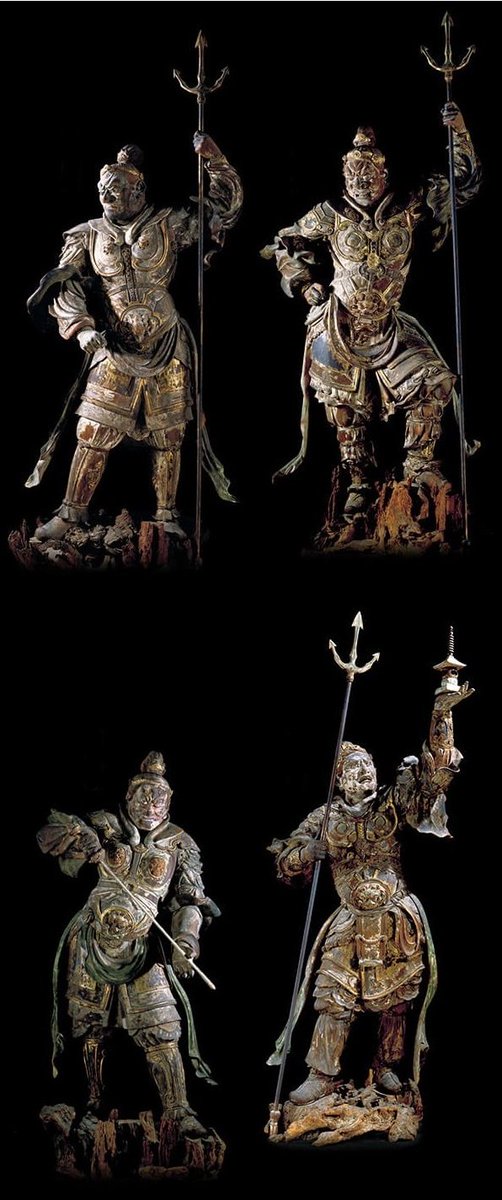 【奈良・興福寺中金堂/四天王立像(1189年)】像高197～207cm、中金堂の須弥壇の四隅にそれぞれ外方を向いて立つ。元々は南円堂にあったものではないことが判明しているが、出自や製作者については未詳である。各像はカツラ材の寄木造で、玉眼を用いず彫眼とする。