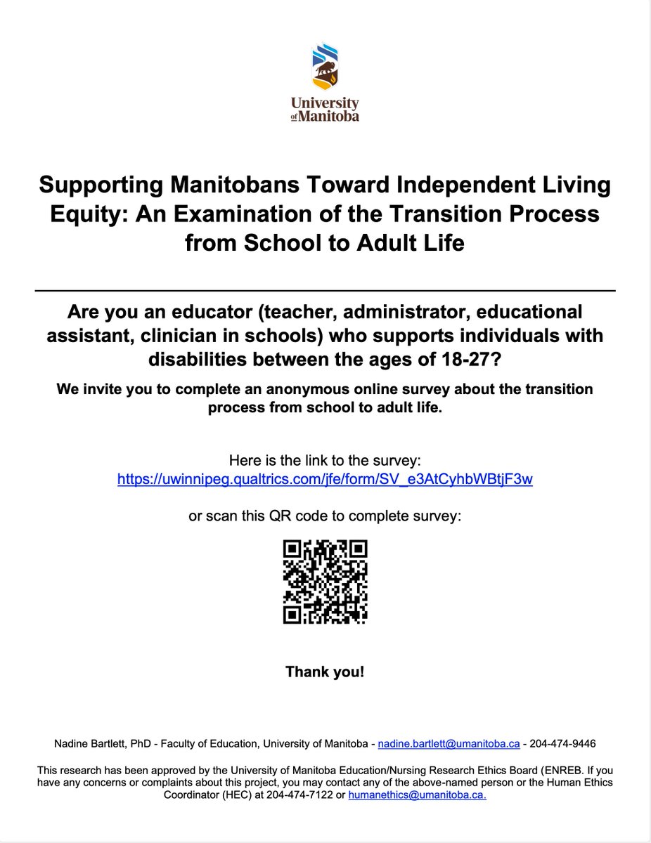Our faculty, <a href="/drNBartlett/">Nadine Bartlett</a> is studying the Transition from School to Adult Life for Individuals with Disabilities in Manitoba. If you're an educator, supporting individuals with disabilities between the ages of 18-27, click here to complete the survey - bit.ly/3BnnSDt