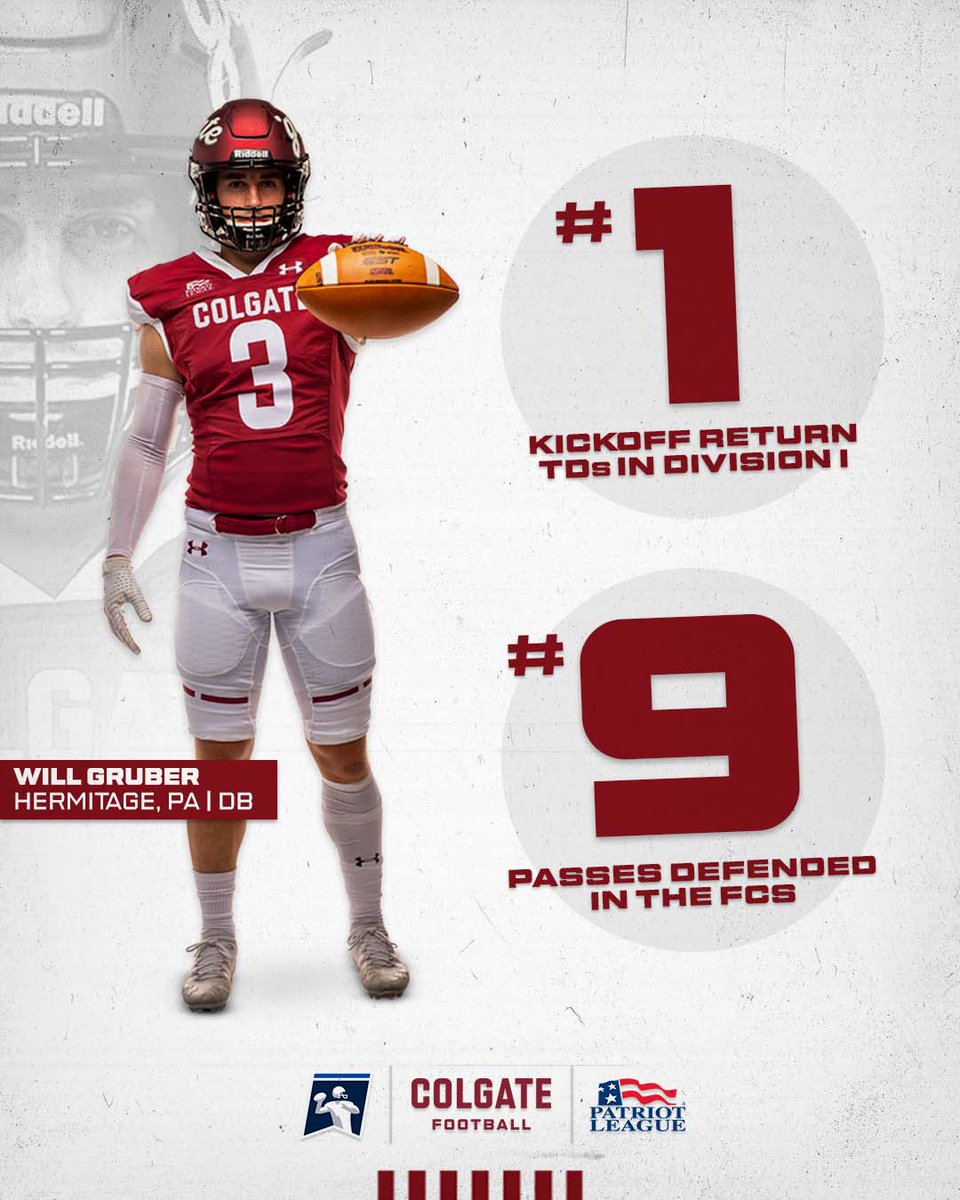 ColgateFB's tweet image. Will Gruber is different.

▪️ 1st in kickoff return touchdowns in Division I
▪️ 9th in passes defended in the FCS

#GoGate