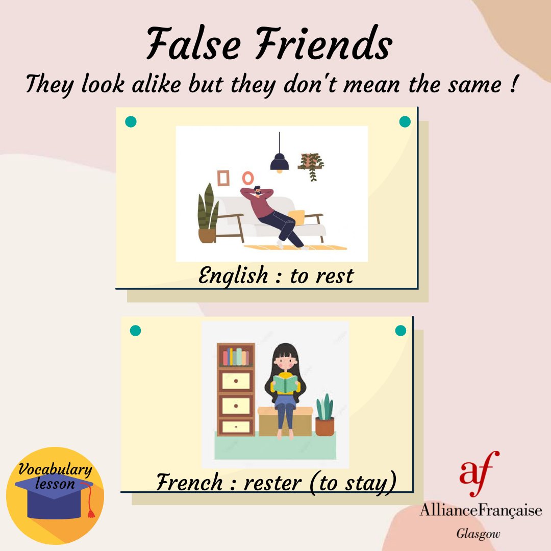 afglasgow's tweet photo. 🧐 - VOCABULARY LESSON
False Friends are words that are similar phonetically
but their meanings are different.
French and English words can sometimes sound the
same, so learners must be careful when using them!
#vocabularylesson #learnfrench #afglasgow #Glasgow #falsefriends https://t.co/KNNrFXWXId