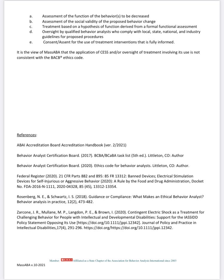 MassABA is finally taking a stand on contingent electric skin shock. Will other associations follow suit? Now we need pressure for policy change,  actually #stoptheshock and other unethical practices.