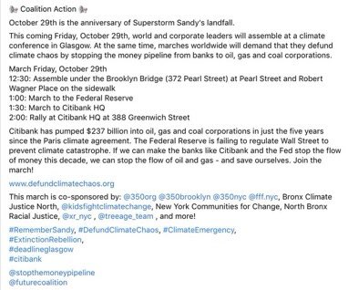 nychange's tweet photo. Join hundreds of NYCers tomorrow to #RememberSandy and #DefundClimateChaos. We will march to the @federalreserve @Citibank HQ because they are torching NY and our entire 🌏 https://t.co/uyM1n7mw3p