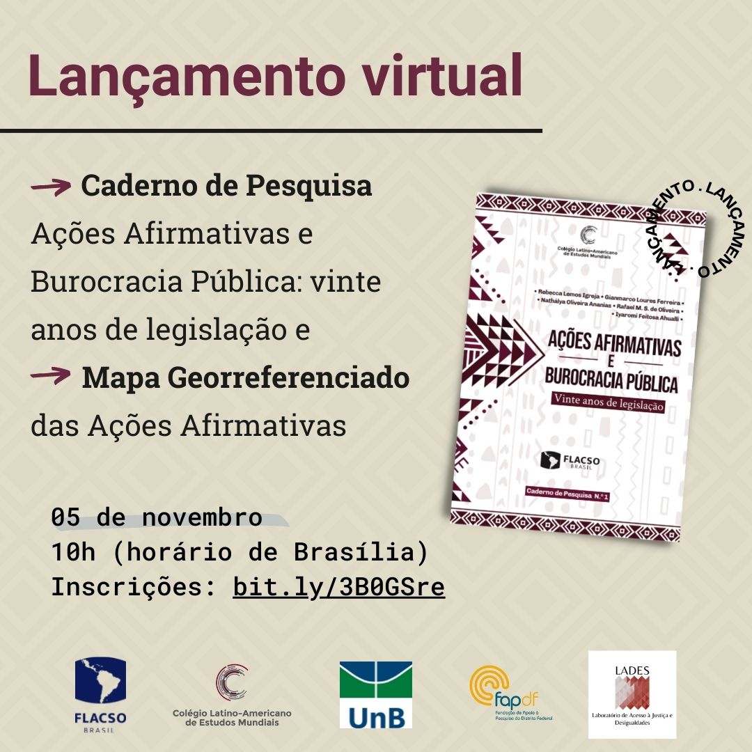 flacsobrasil's tweet photo. 📢Flacso Brasil e UnB lançam caderno de pesquisa e mapa georreferenciado sobre Ações Afirmativas no Brasil. 

🗓️ Data: 05 de novembro
⏰ às 10h (horário de Brasília)
🖥️ Inscrições: https://t.co/kXQI9PNW4v
📍 Mais informações: https://t.co/Q9csZ6y7Xs https://t.co/RalIZu0eHJ
