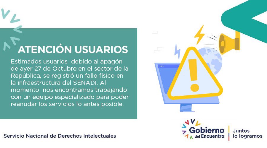 SENADI_Ecuador's tweet photo. 🔴 ATENCIÓN | Estimados usuarios el @SENADI_Ecuador informa que al momento atravesamos un fallo físico en nuestra infraestructura que ha provocado la caída de varios servicios.

¡Agradecemos su comprensión! https://t.co/88iYqG02kx